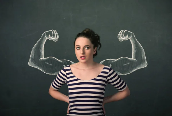 Mujer con brazos fuertes y musculosos dibujados —  Fotos de Stock