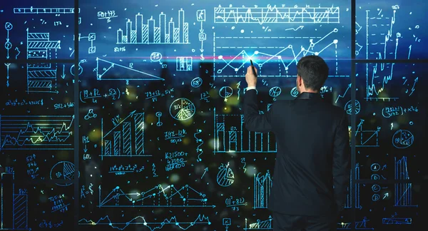 Dessin homme d'affaires avec des statistiques arrière-plan — Photo