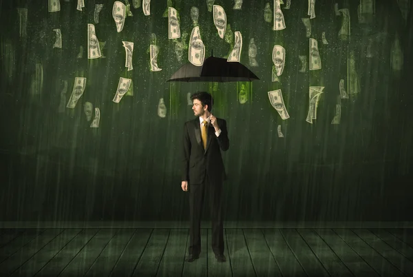Businessman standing with umbrella in dollar bill rain concept — Stock Photo, Image