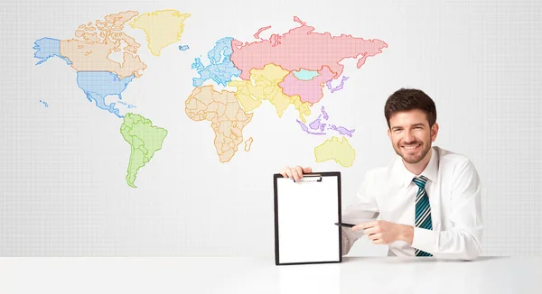 Business man with colorful world map background Stock Photo