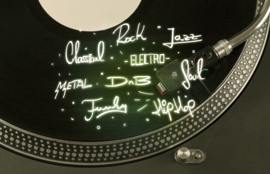 Vinil ve müzik türleri yazan turntable 