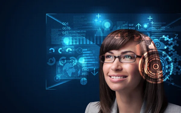 Young woman looking with futuristic smart high tech glasses — Stock Photo, Image