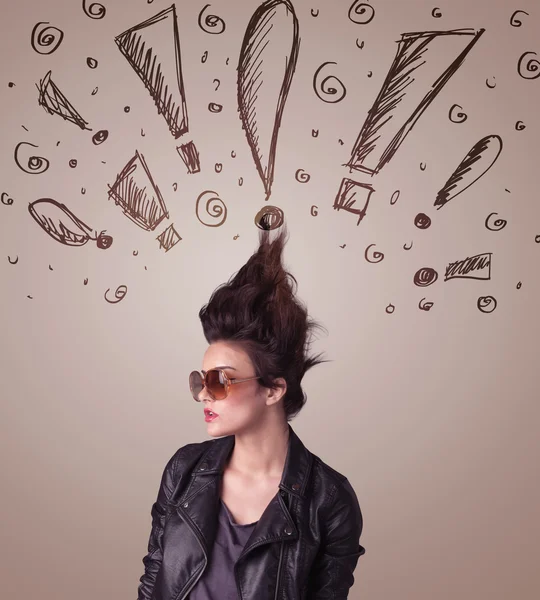 Young woman with hair style and hand drawn exclamation signs — Stock Photo, Image