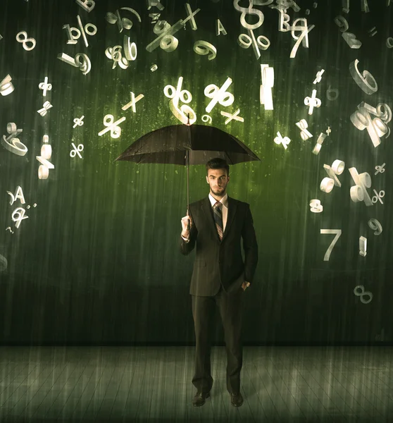 Empresario de pie con paraguas y números 3d lloviendo cóncavo —  Fotos de Stock