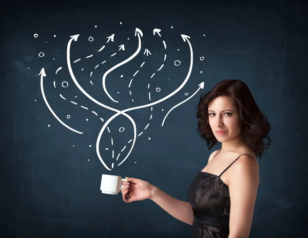 Businesswoman holding a white cup with lines and arrows — Stock Photo, Image