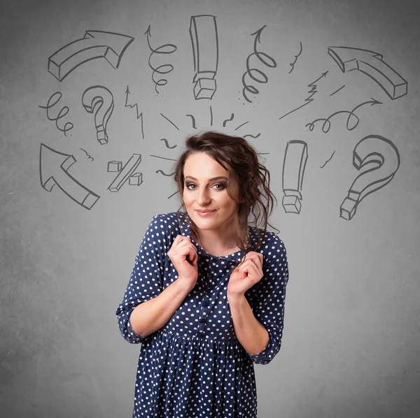 Cute young girl with question sign doodles — Stock Photo, Image