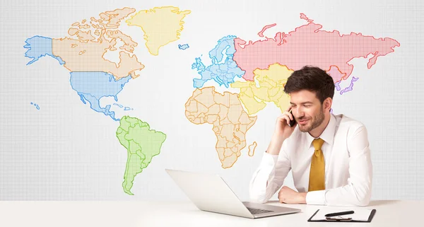 Business man with colorful world map background — Stock Photo, Image