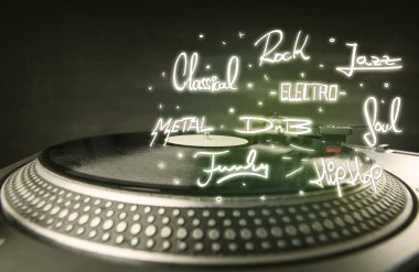Vinil ve müzik türleri yazan turntable 