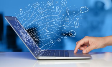 Man pressing notebook laptop computer with doodle icon cloud sym clipart