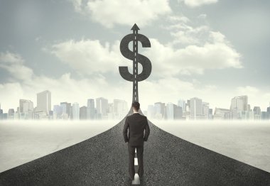 dolar işareti doğru yol başlık üzerinde iş adamı