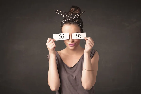 Funny woman looking with hand drawn paper eyes — Stock Photo, Image