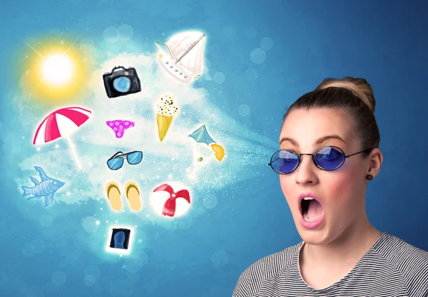 Glad glad kvinna med solglasögon tittar på sommaren ikoner — Stockfoto