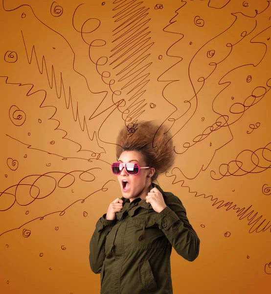 Excited young woman with extreme hairtsyle and hand drawn lines — Stock Photo, Image