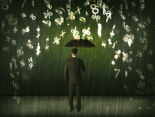 Businessman standing with umbrella and 3d numbers raining concep — Stock Photo, Image