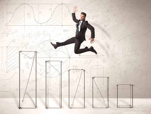 Fast business man jumping up on hand drawn charts — Stock Photo, Image