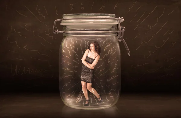 Businesswoman inside a jar with powerful hand drawn lines concep — Stock Photo, Image