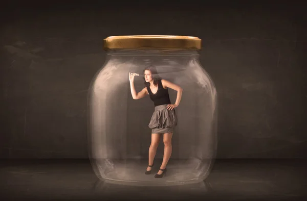 Businesswoman captured in a glass jar concept — Stock Photo, Image