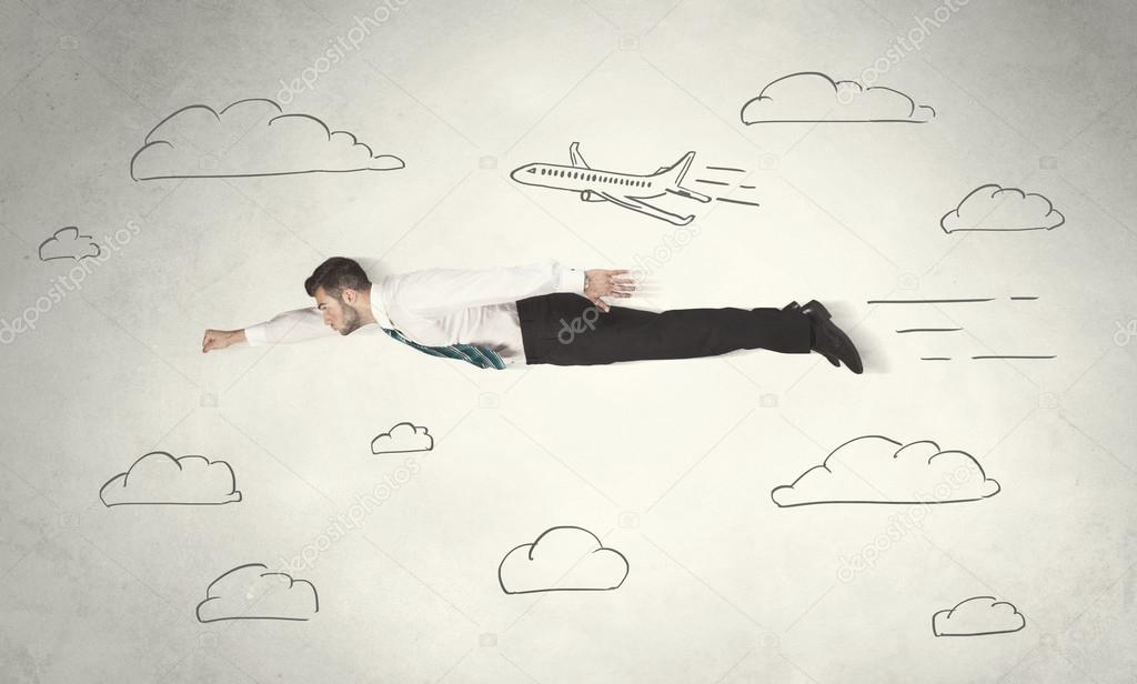 Cheerful business person flying between hand drawn sky clouds