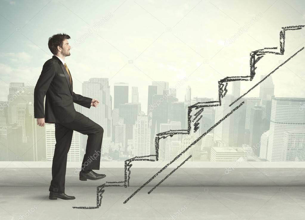 Business man climbing up on hand drawn staircase concept