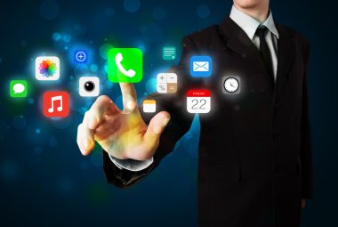 yakışıklı işadamı renkli mobil app simgeleri bok ile basarak