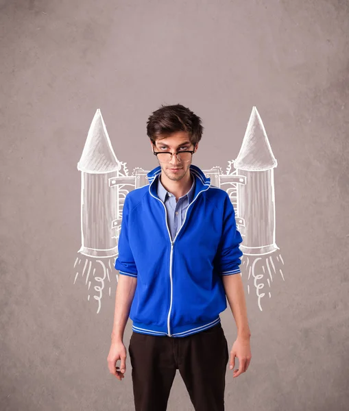 Niedlicher Mann mit Jet-Pack-Rakete Zeichnung Illustration — Stockfoto