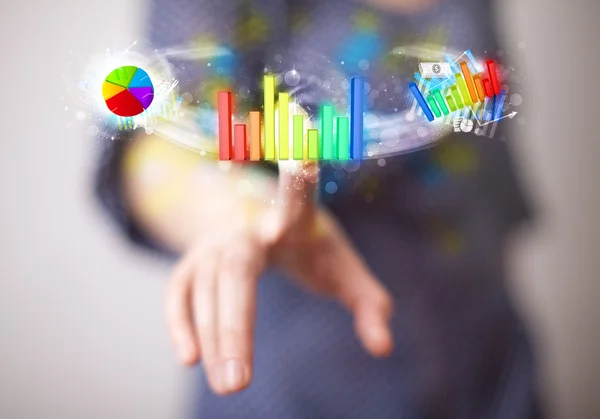 Young businesswoman touching colorful modern graph system concep — Stock Photo, Image