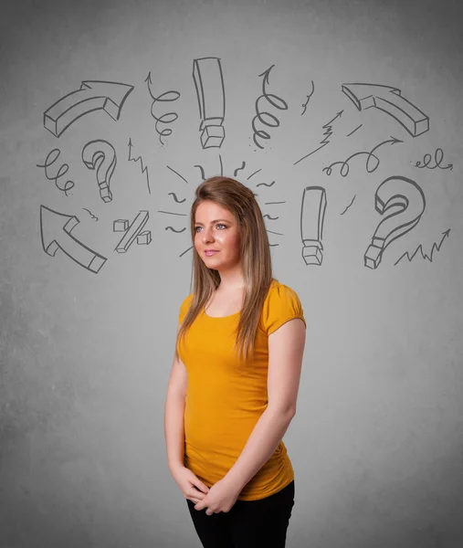 Cute young girl with question sign doodles — Stock Photo, Image