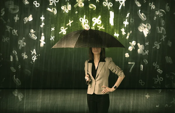 Businesswoman standing with umbrella and 3d numbers raining conc — Stock Photo, Image