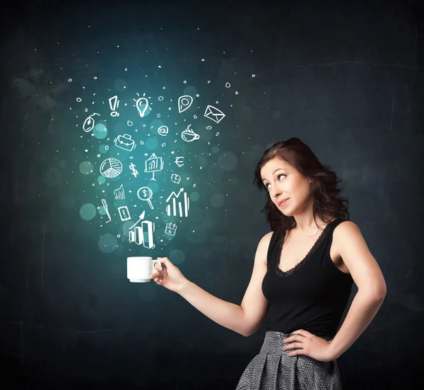 Businesswoman holding a white cup with business icons — Stock Photo, Image