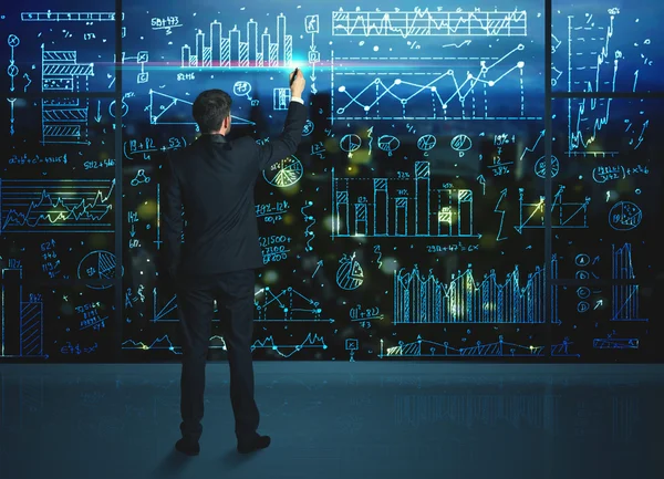 Dessin homme d'affaires avec des statistiques arrière-plan — Photo