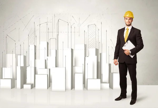 Construction worker planing with 3d buildings in background — Stock Photo, Image