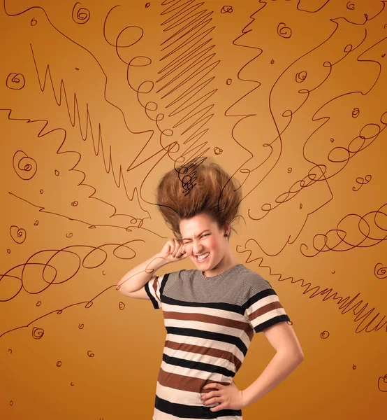 Excited young woman with extreme hairtsyle and hand drawn lines — Stock Photo, Image