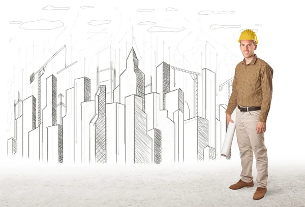 背景为建筑城市图纸的工程师 — 图库照片