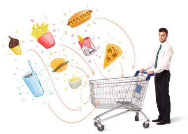 adam zehirli abur cubur ile alışveriş sepeti ile