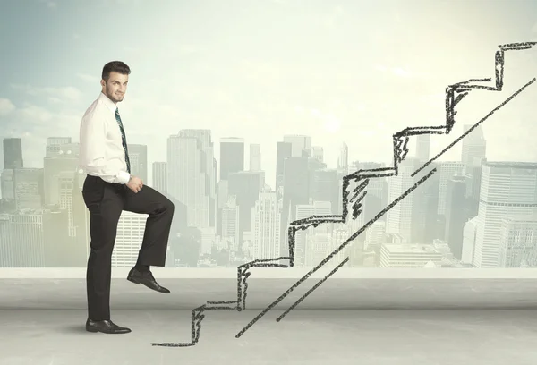Business man climbing up on hand drawn staircase concept — Stock Photo, Image