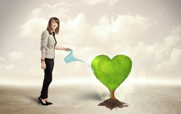 Biznes kobieta podlewania serca kształcie zielone drzewo — Zdjęcie stockowe
