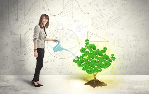 Business woman watering a growing green dollar sign tree — Stock Photo, Image