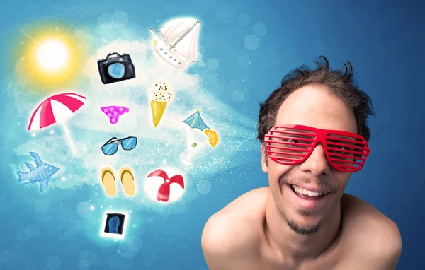 Boldog boldog boldog ember napszemüvegben nézi a nyári ikonokat — Stock Fotó