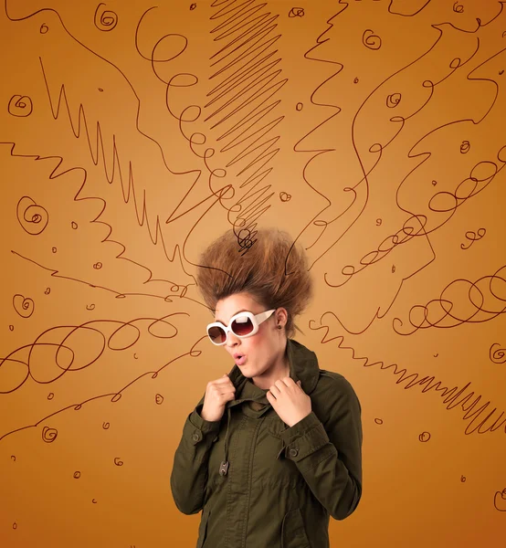Excited young woman with extreme hairtsyle and hand drawn lines — Stock Photo, Image