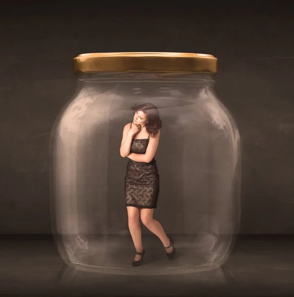 Businesswoman captured in a glass jar concept — Stock Photo, Image