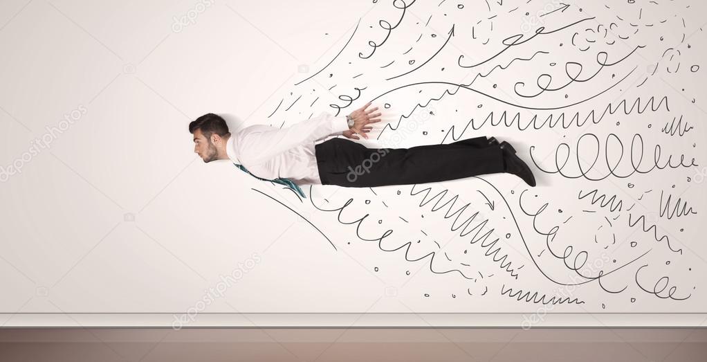 Business man flying with hand drawn lines comming out 