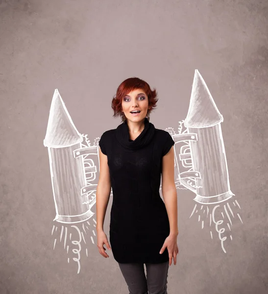 Cute girl with jet pack rocket drawing illustration — Stock Photo, Image