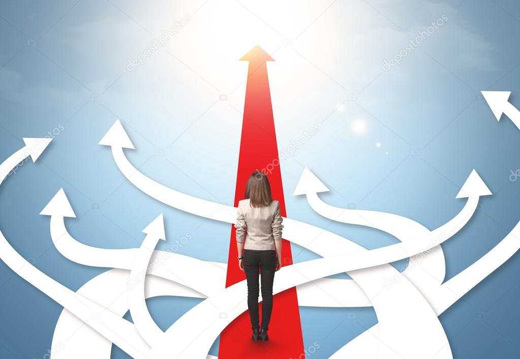 businesswoman with different direction arrows