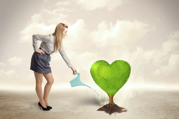 Business woman watering heart shaped green tree — Stock Photo, Image
