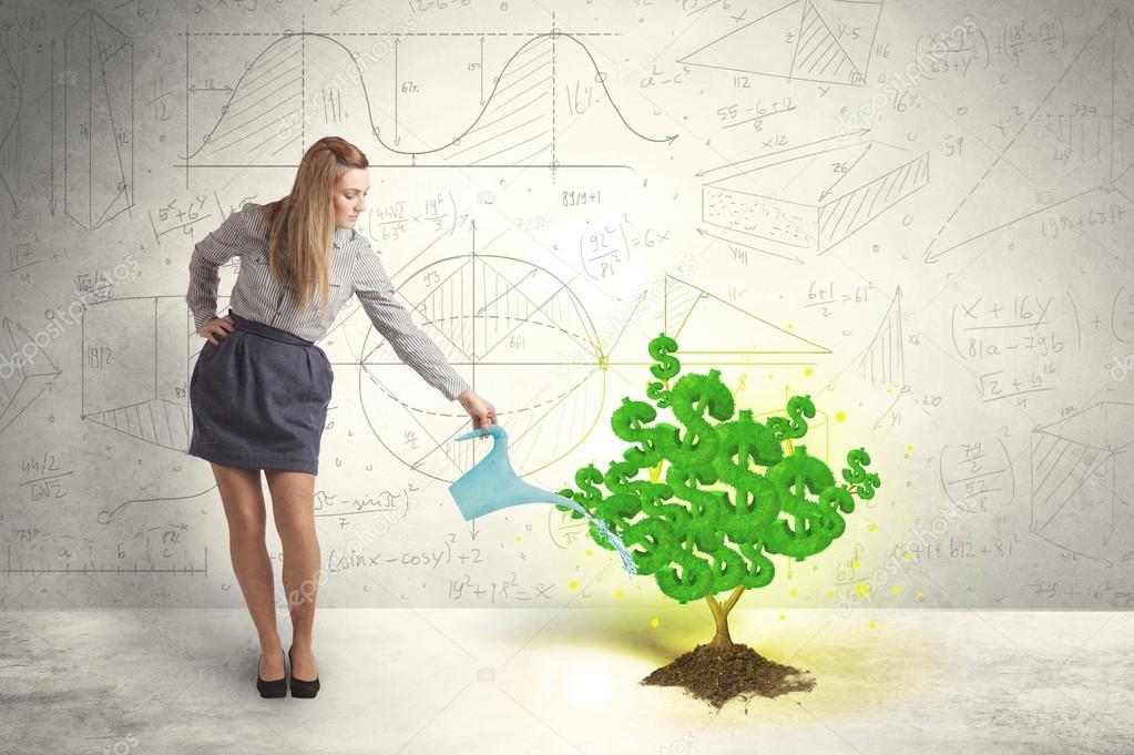 Business woman watering a growing green dollar sign tree