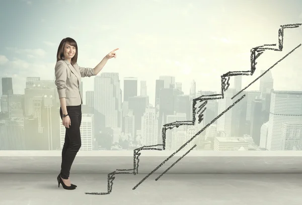 Business woman climbing up on hand drawn staircase concept — Stock Photo, Image