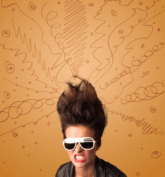 Excited young woman with extreme hairtsyle and hand drawn lines — Stock Photo, Image