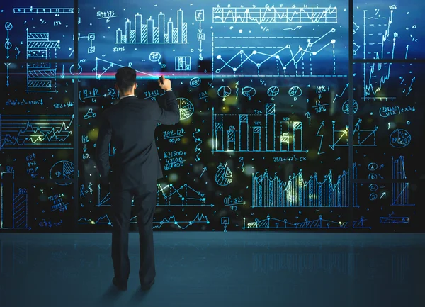Dessin homme d'affaires avec des statistiques arrière-plan — Photo