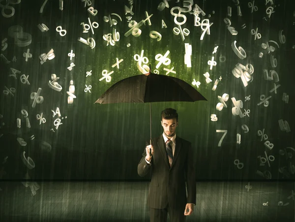 Şemsiye ve 3d numaraları concep yağmur ile ayakta işadamı — Stok fotoğraf