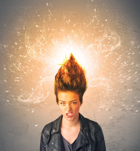 Young woman with energetic exploding red hair — Stock Photo, Image